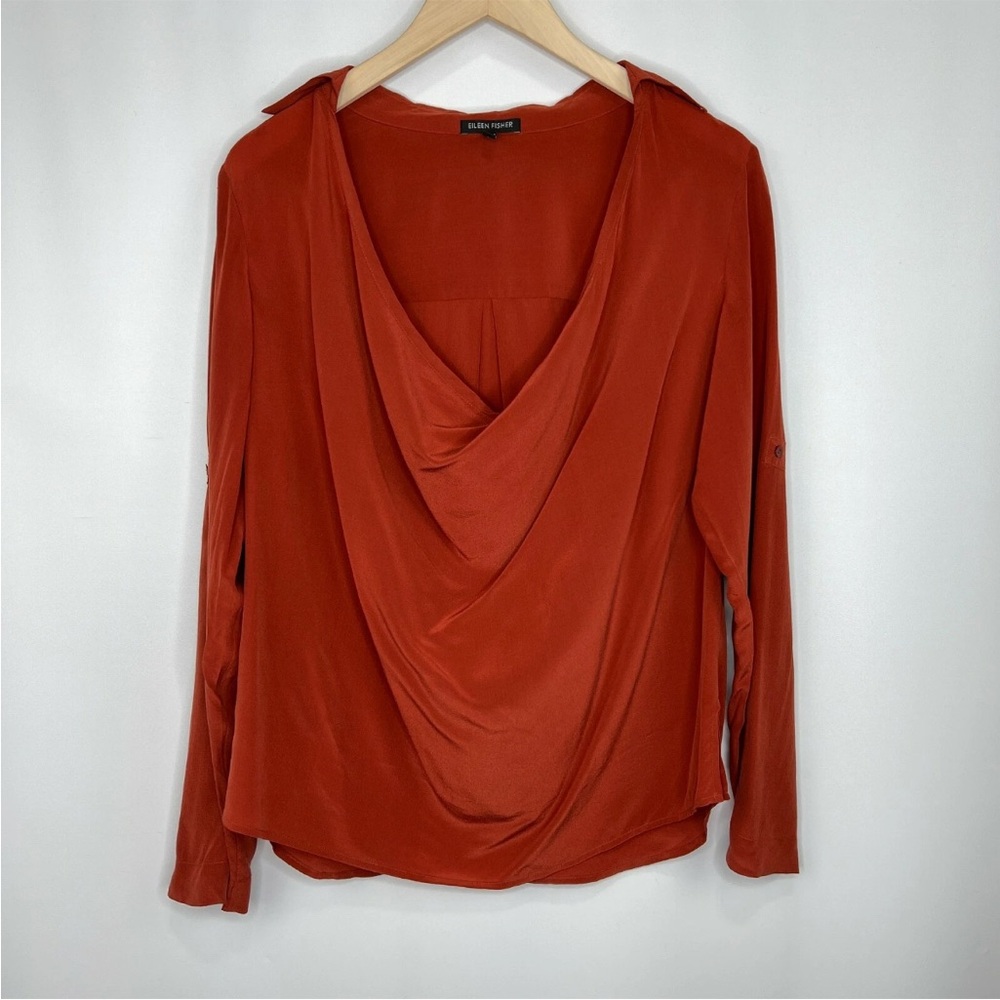 Eileen Fisher Top Women Sz PL Silk Crepe de Chine Drape Cowl Neck Roll‎ Sleeves